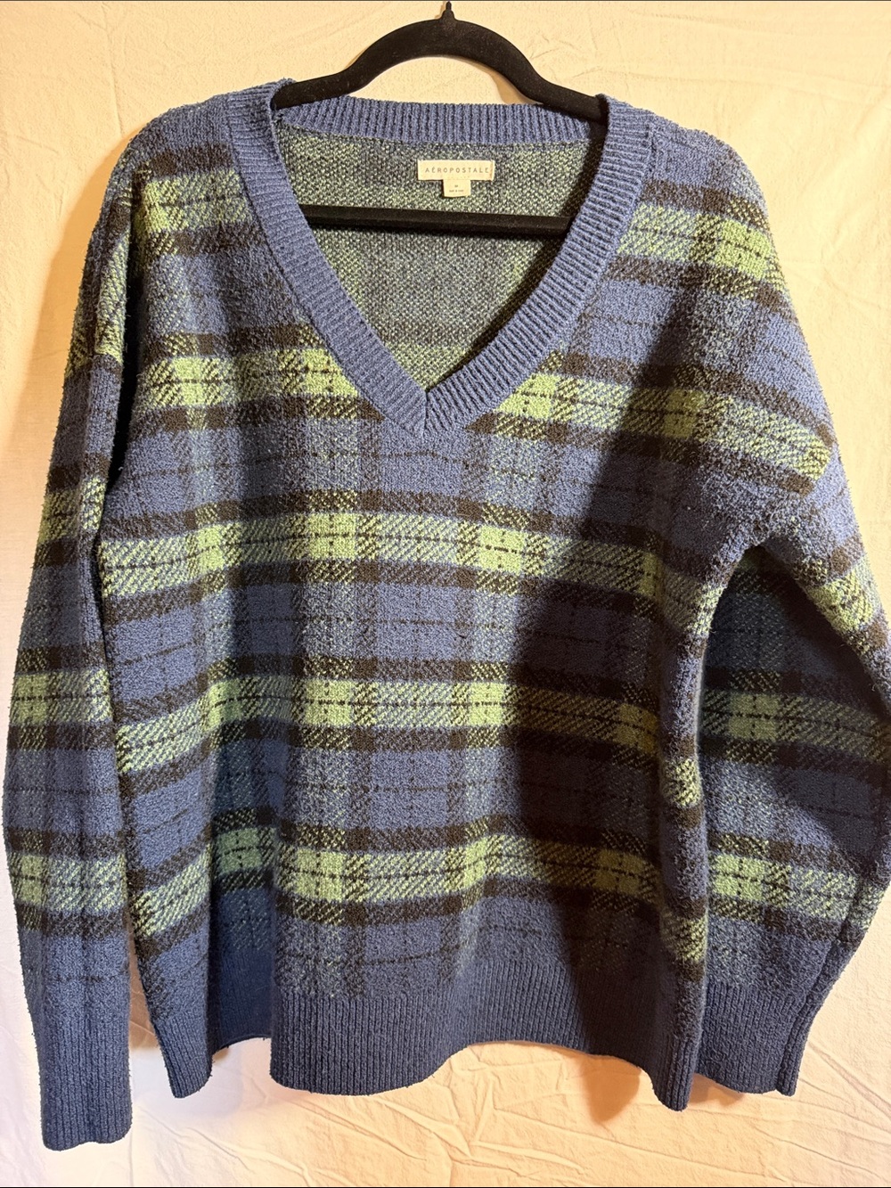 Aeropostale Woman’s Blue & Green Plaid V-Neck Sweater - Soft Knit